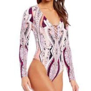 Psychedelic Cage Neck Bodysuit Top NWT